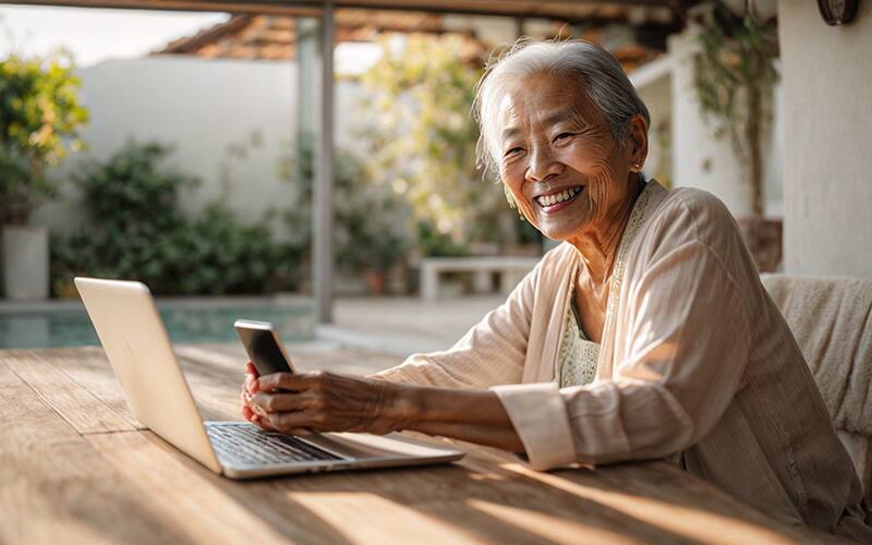 パソコンに向かう老人女性